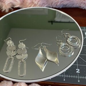 Silver Dangle Earring Set of 3 (hammered, brushed, and shiny)